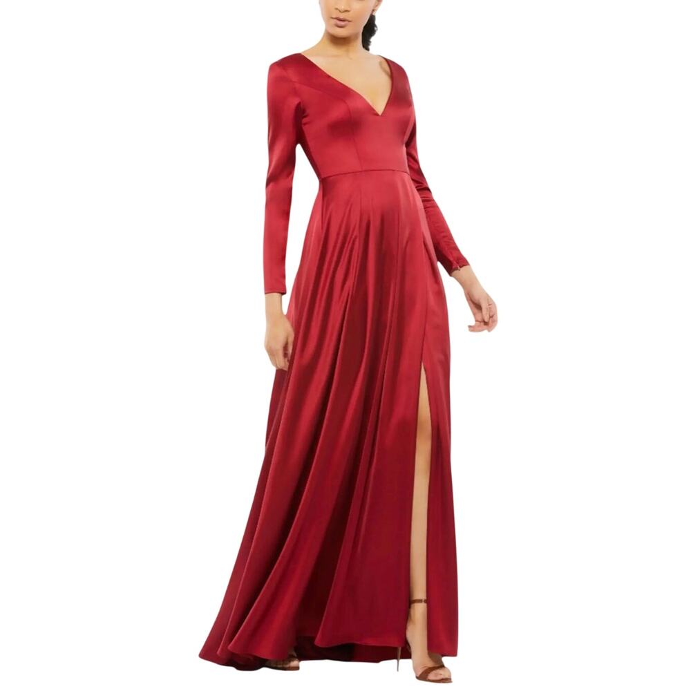 Mac Duggal 26613 Red Evening Gown Satin Long Sleeve A-Line Formal Dress Size 10